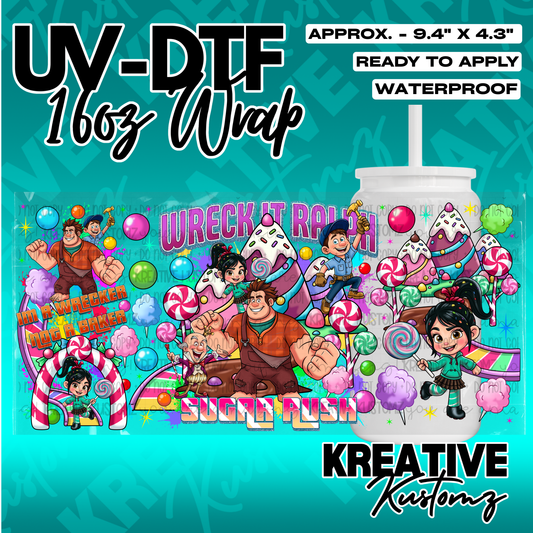 A Wreck-It Ralph themed UV DTF adhesive wrap for a 16oz glass cup featuring colorful candy motifs.