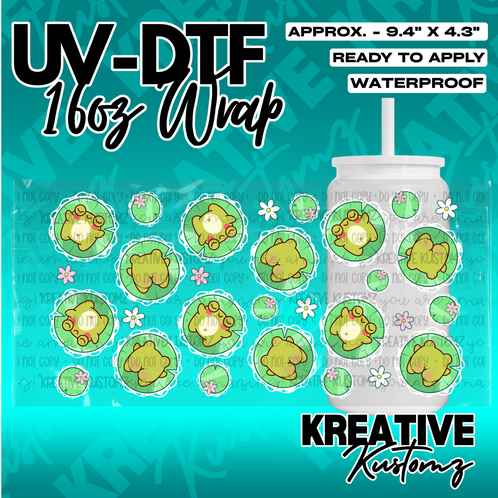 A UV DTF adhesive wrap for a 16oz glass cup featuring a pattern of frogs on lily pads and flowers.