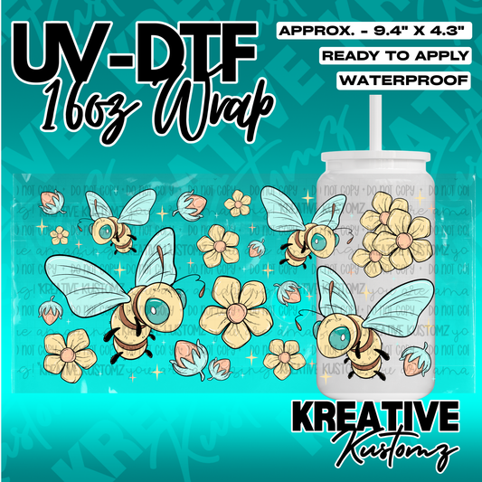 A UV DTF adhesive wrap for 16oz glass cans featuring a pattern of cartoon bees and flowers.