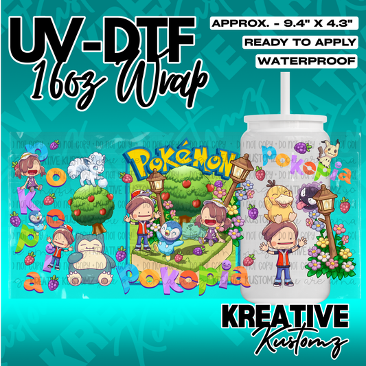 A Pokemon themed adhesive wrap for a 16oz glass can featuring various characters and trees.