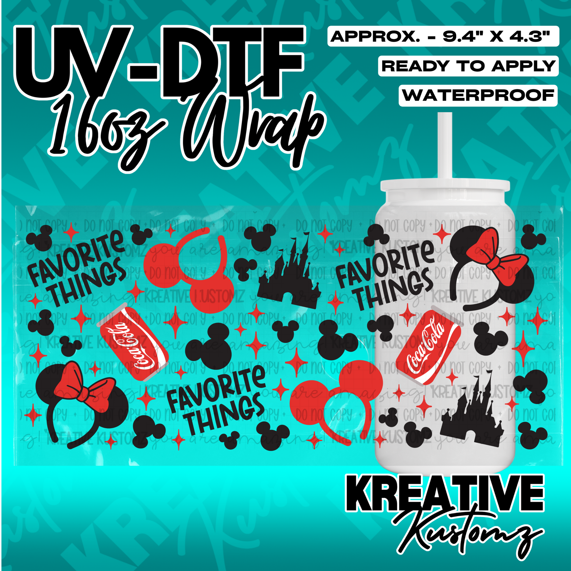 A UV DTF adhesive wrap for 16oz glass cans featuring Mickey ears, castles, and soda icons.