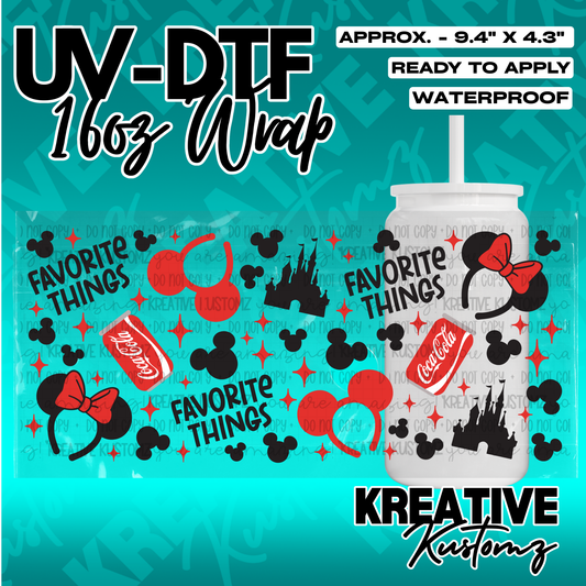A UV DTF adhesive wrap for 16oz glass cans featuring Mickey ears, castles, and soda icons.