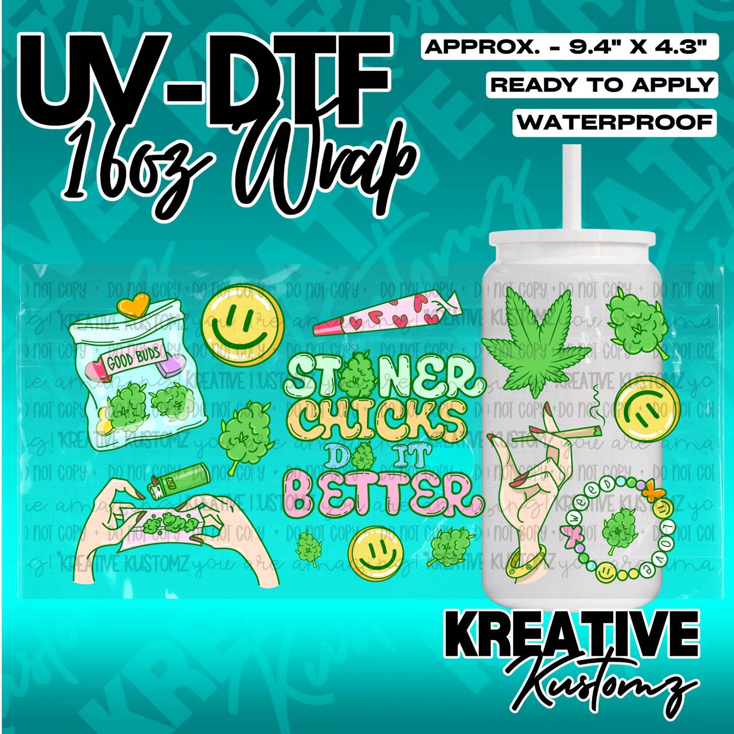 A UV DTF adhesive wrap for a 16oz glass can featuring stoner-themed illustrations.