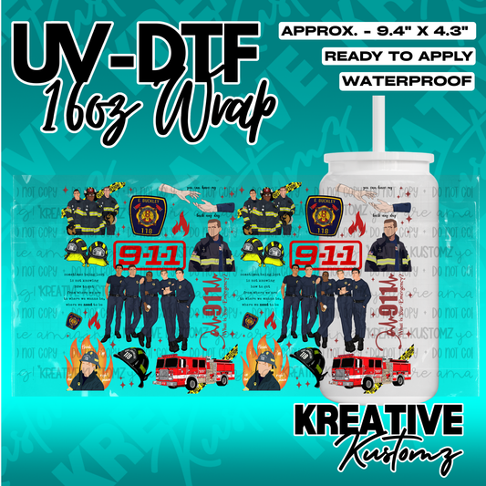 A 9.4 by 4.3 inch UV DTF adhesive wrap featuring 9-1-1 television show characters and fire gear.