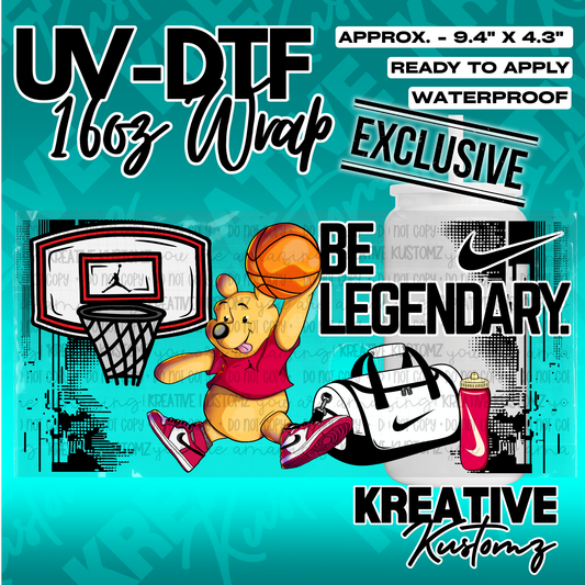A UV DTF adhesive wrap for 16oz glass cans featuring Winnie the Pooh playing basketball.