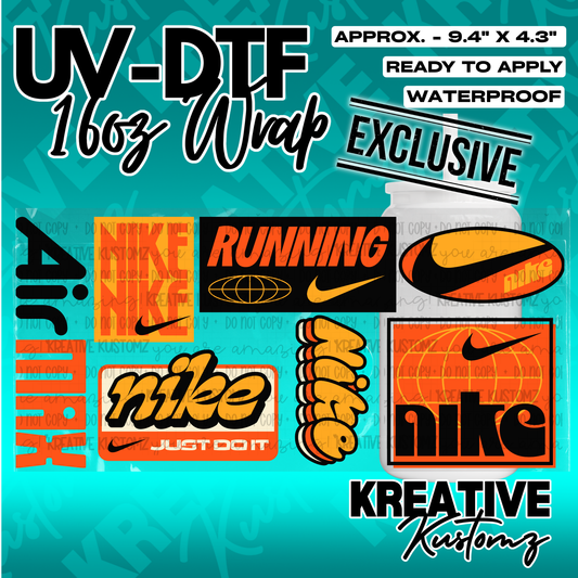 A sheet of orange and black Nike themed UV DTF adhesive decals for a 16oz glass cup.