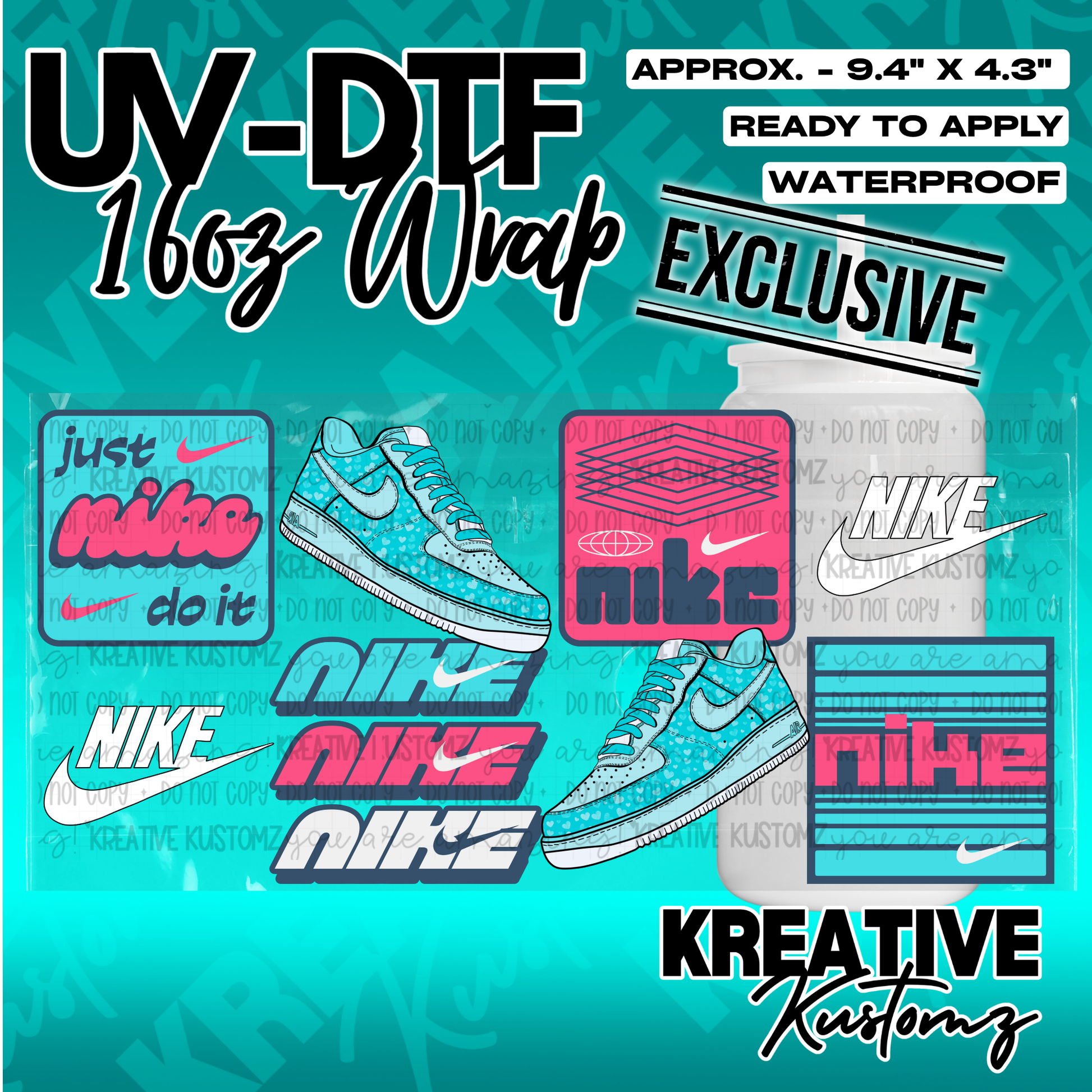 A sheet of Nike-themed UV DTF adhesive decals for 16oz glass cups featuring sneakers and logos.