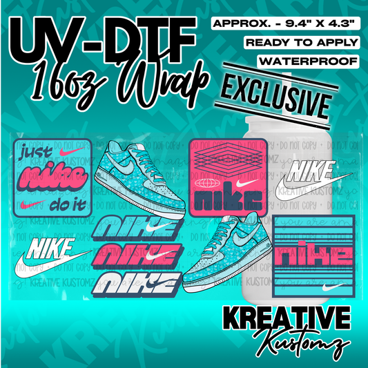 A sheet of Nike-themed UV DTF adhesive decals for 16oz glass cups featuring sneakers and logos.
