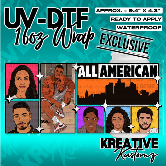 A UV DTF adhesive cup wrap featuring illustrated characters and a city skyline design.