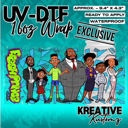 A UV DTF adhesive wrap for 16oz glass cans featuring a cartoon illustration of the Bel-Air cast.
