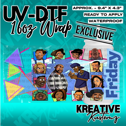 A UV DTF adhesive wrap for 16oz glass cans featuring characters from the movie Friday.