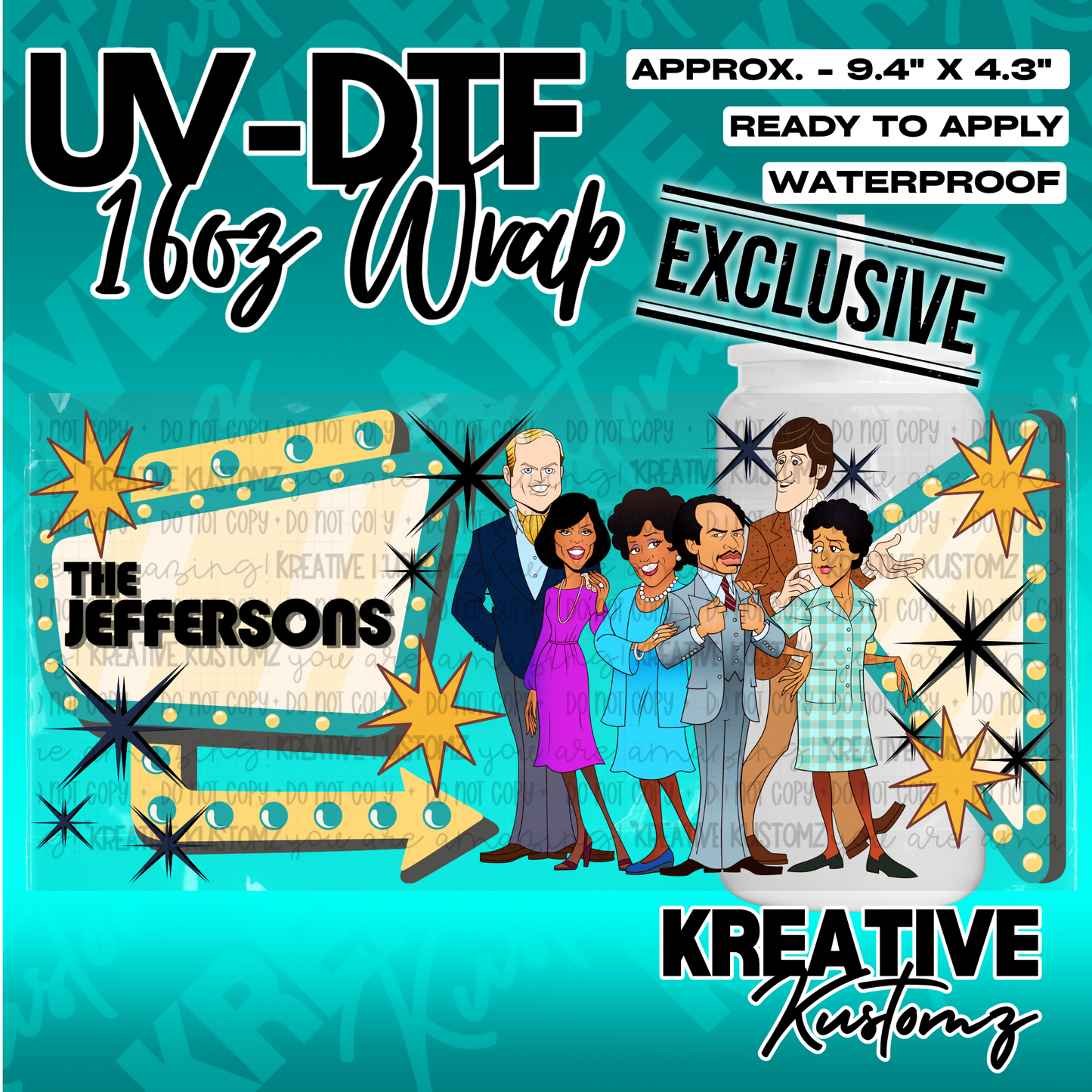 A UV DTF adhesive wrap for 16oz glass cans featuring The Jeffersons characters and retro signage.