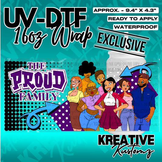 A UV DTF cup wrap featuring The Proud Family characters on a black and purple polka dot background.