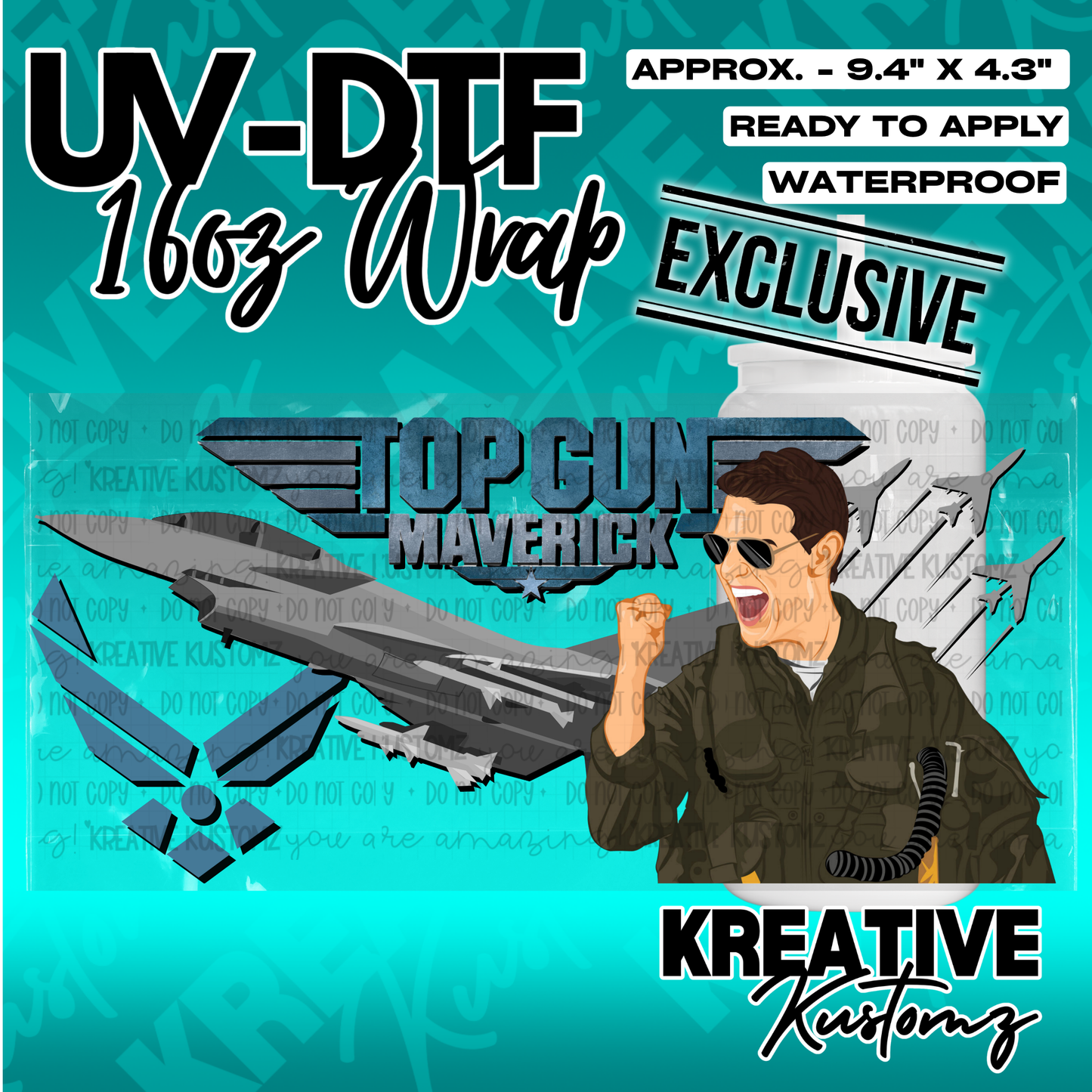 A Top Gun Maverick themed UV DTF adhesive wrap for a 16oz glass cup.