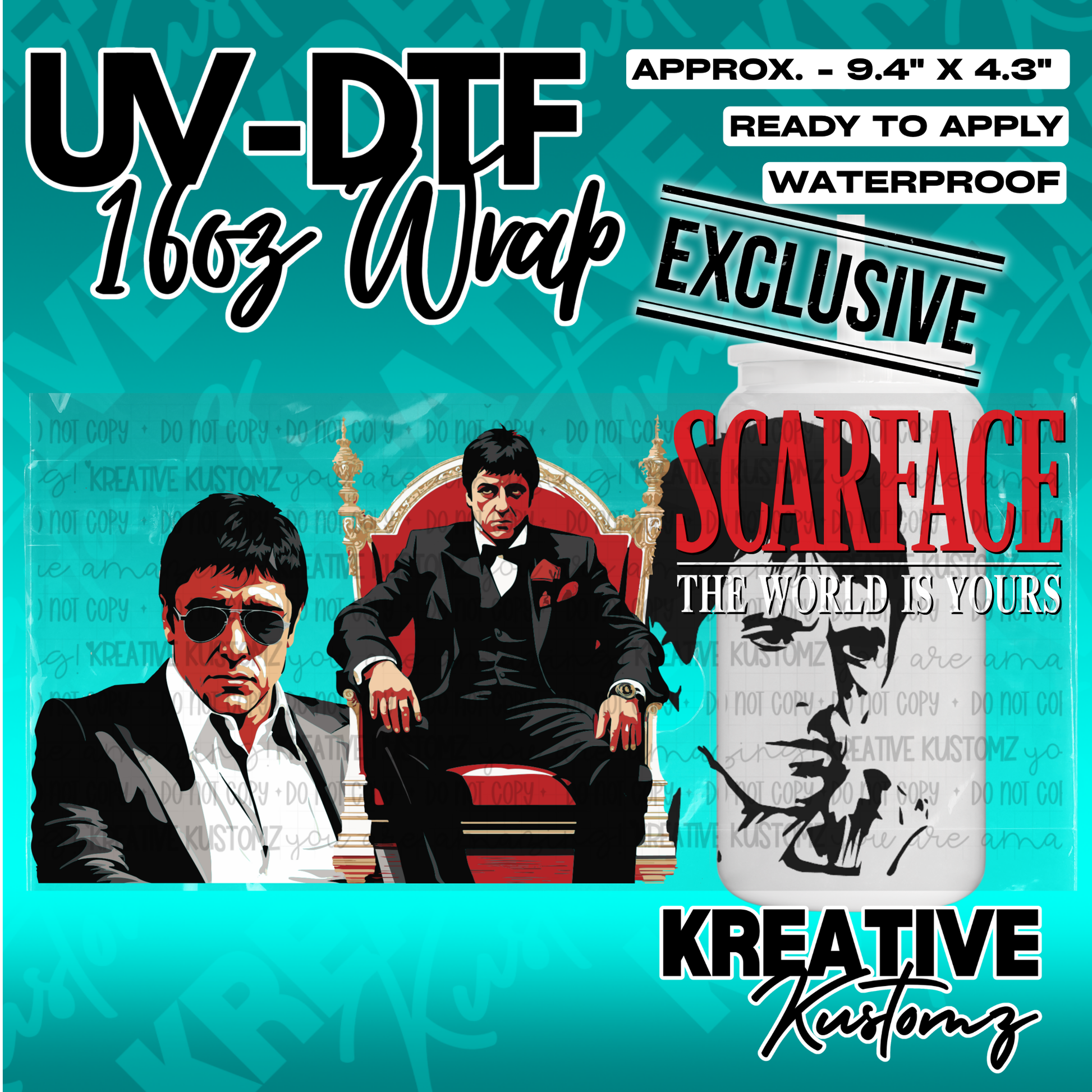 A Scarface themed UV DTF cup wrap featuring Tony Montana for a 16oz glass can.