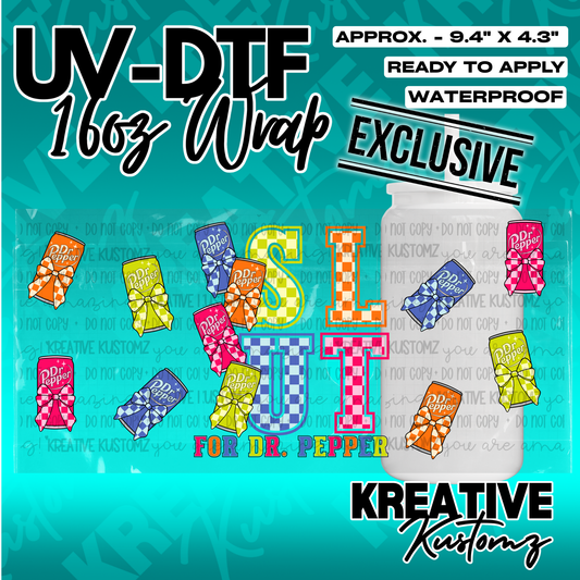 A UV DTF adhesive wrap for 16oz glass cans featuring a Dr. Pepper theme with colorful soda cans.