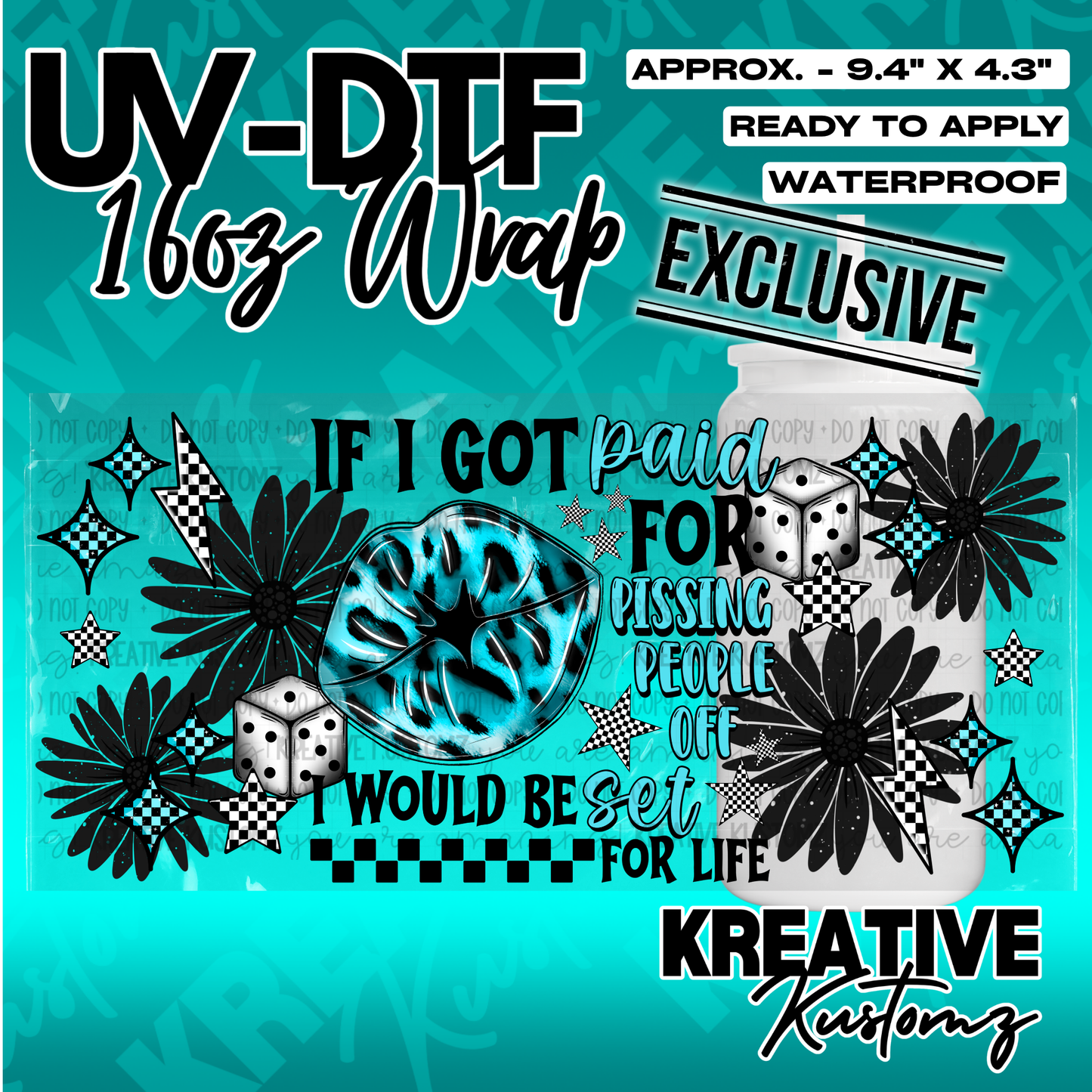 A floral UV DTF cup wrap featuring a blue leopard print heart, dice, and the text about being set.