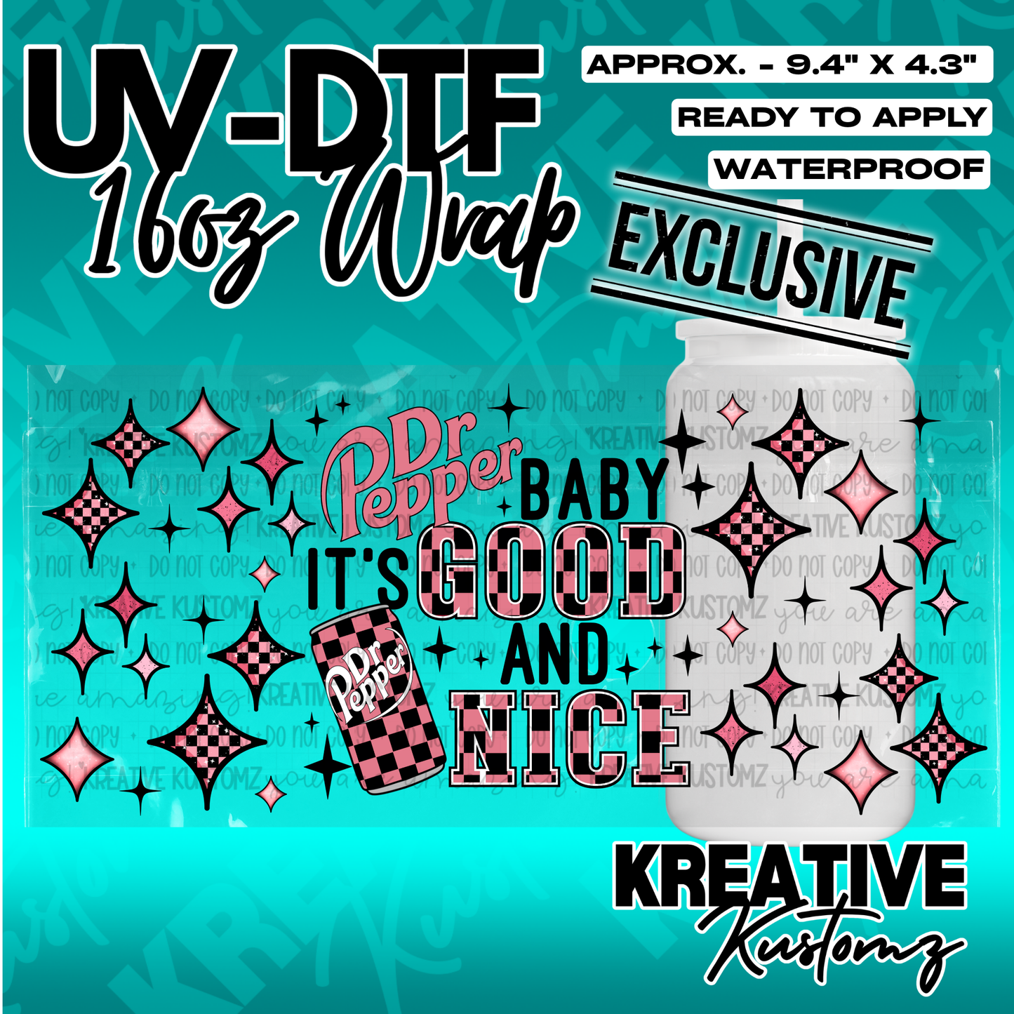 A pink and black checkered Dr Pepper themed UV DTF cup wrap for 16oz glass cans.