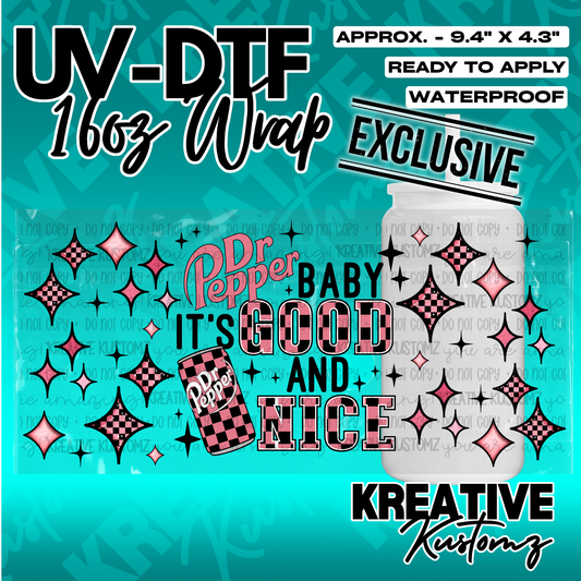 A pink and black checkered Dr Pepper themed UV DTF cup wrap for 16oz glass cans.