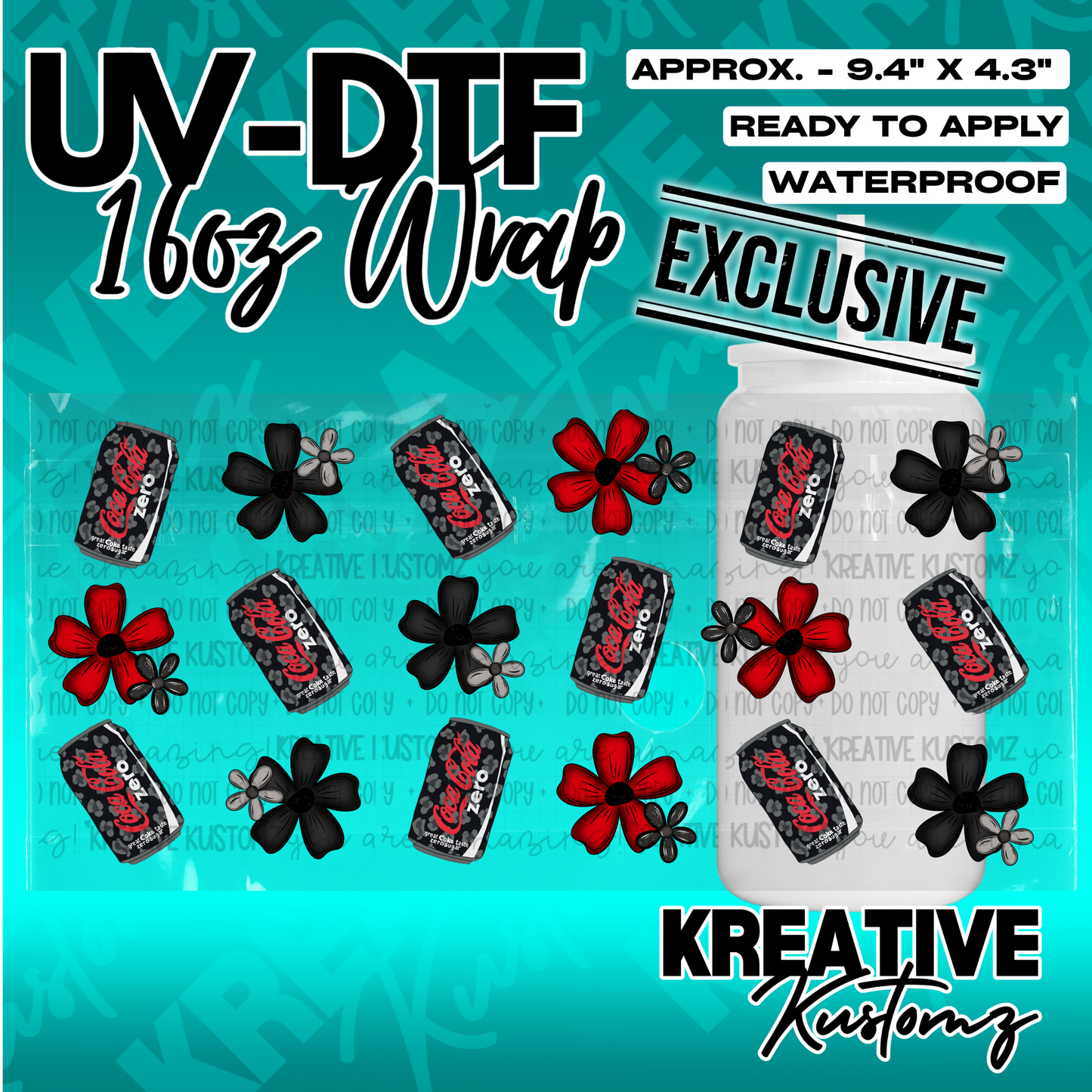 A UV DTF adhesive cup wrap featuring Coca-Cola Zero cans and black and red flowers.