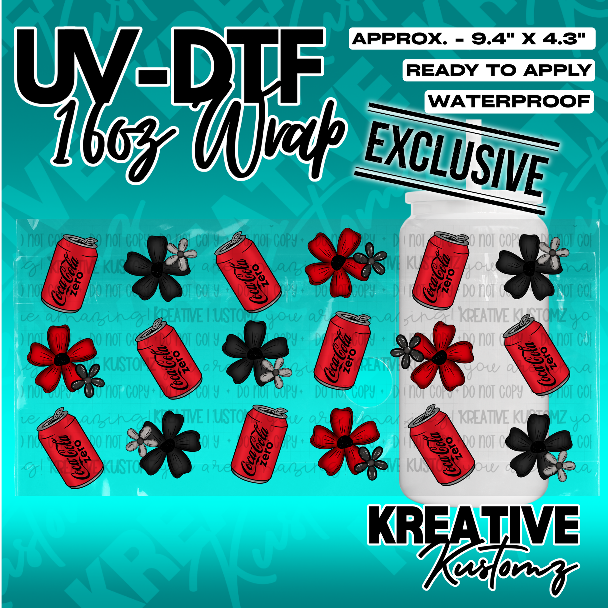 A UV DTF cup wrap featuring a pattern of red Coca-Cola Zero cans and black flowers.