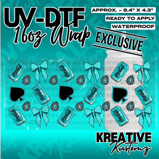 A UV DTF adhesive wrap for 16oz glass cans featuring Coca-Cola Zero cans, bows, and spade icons.