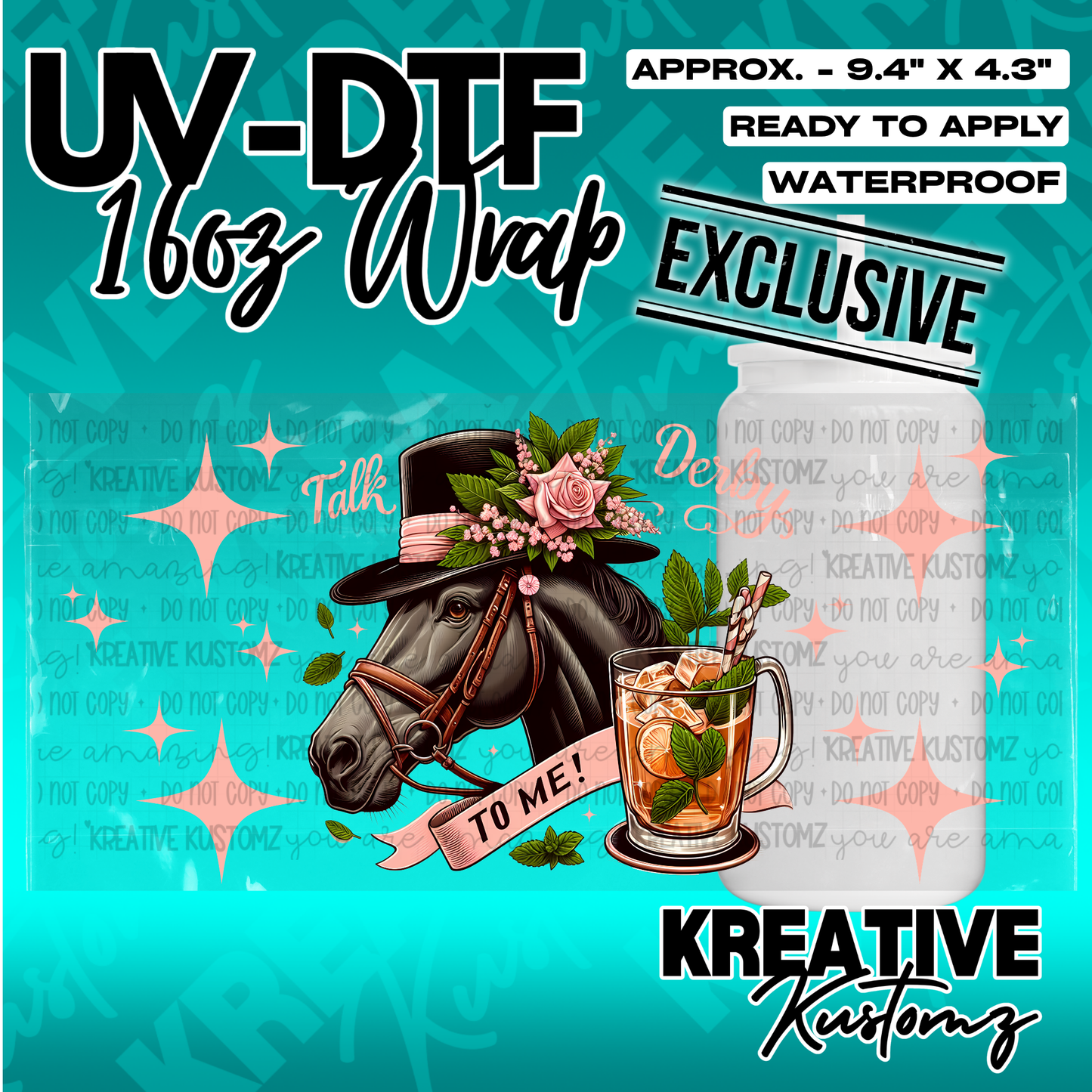 A UV DTF adhesive wrap for a 16oz glass cup featuring a horse in a hat and a mint julep drink.