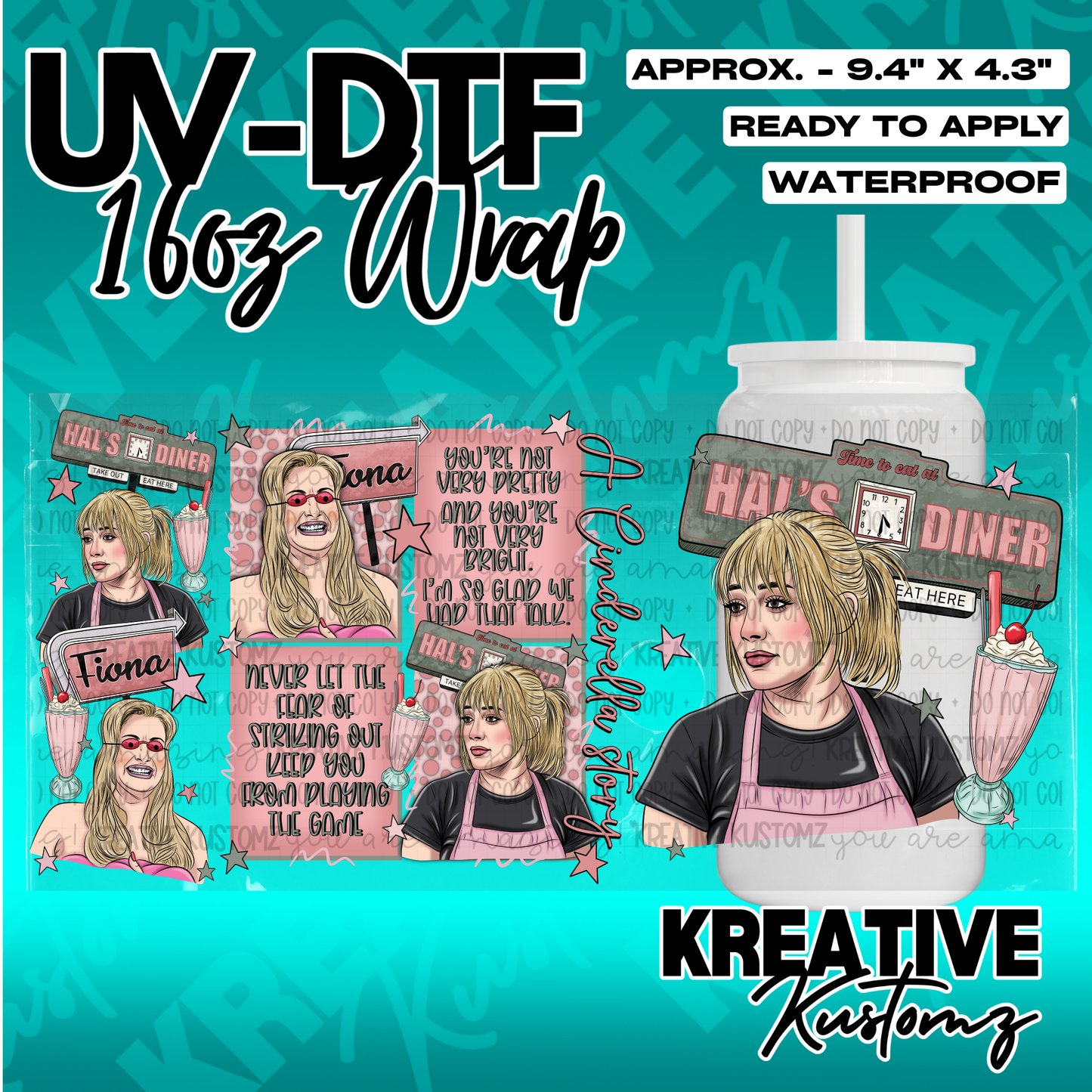 A 16oz glass can wrap featuring A Cinderella Story movie characters and quotes.