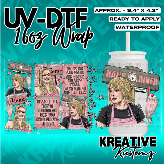 A 16oz glass can wrap featuring A Cinderella Story movie characters and quotes.