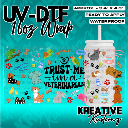 A veterinarian themed UV DTF adhesive wrap for a 16oz glass cup featuring various animal icons.