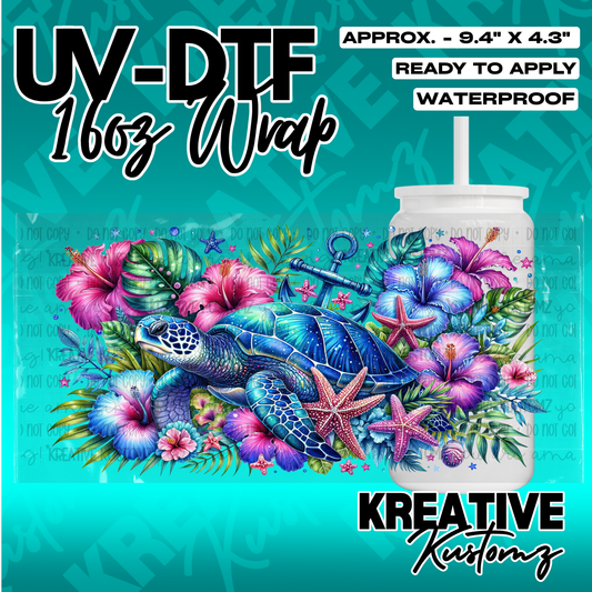 A vibrant floral UV DTF adhesive wrap featuring a sea turtle, anchor, and starfish for 16oz cups.