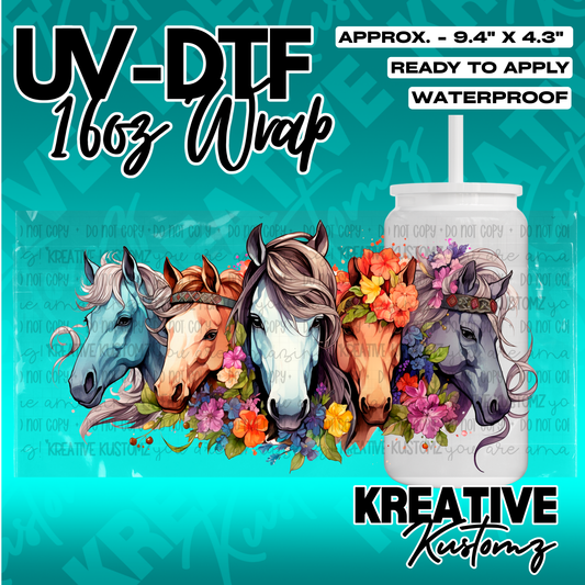 A floral horse themed UV DTF adhesive wrap for a 16 ounce glass can.