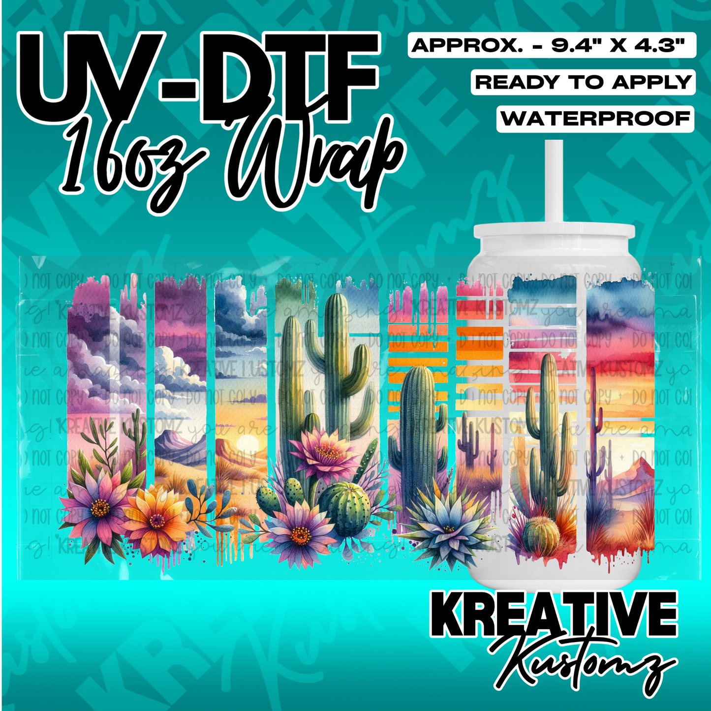 A floral and desert themed adhesive wrap for a 16oz glass cup featuring cacti and sunset scenes.