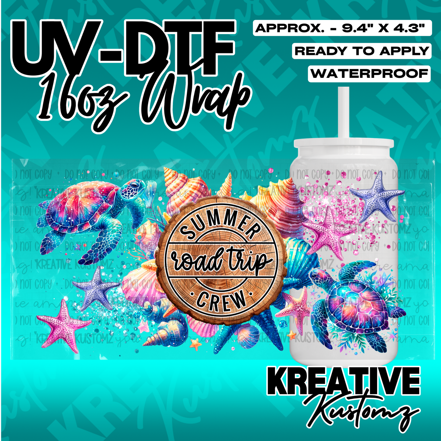 A colorful sea turtle and seashell themed UV DTF adhesive wrap for a 16oz glass cup.