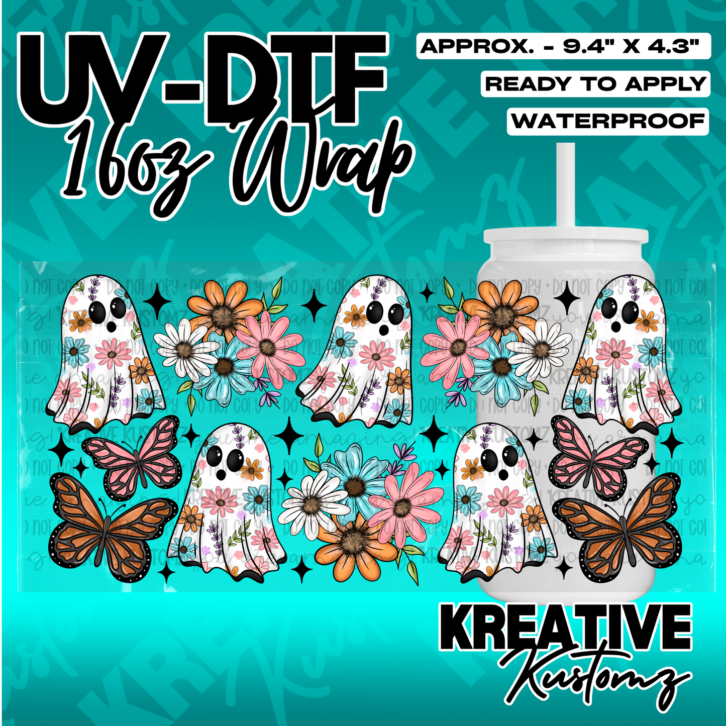 A floral ghost and butterfly themed adhesive wrap for a 16oz glass cup.