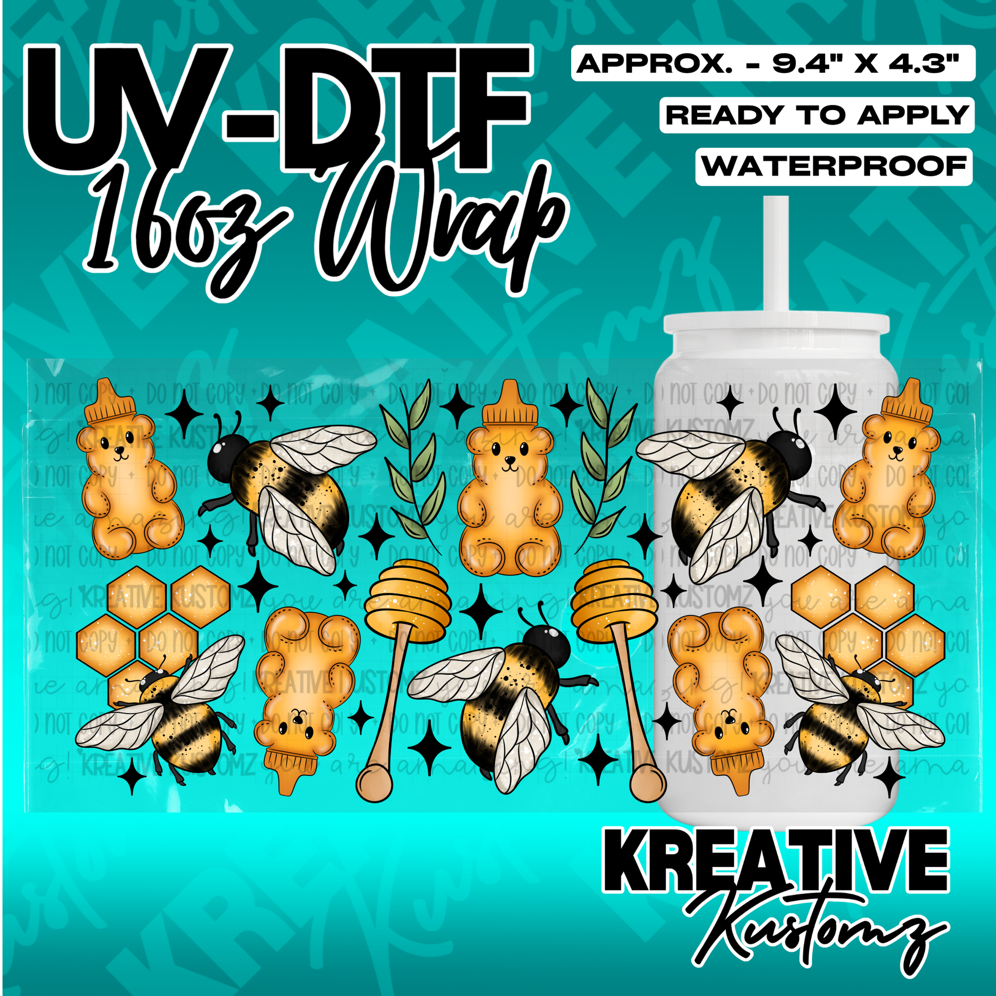 A UV DTF wrap for a 16oz glass cup featuring honey bears, bees, and honeycomb patterns.