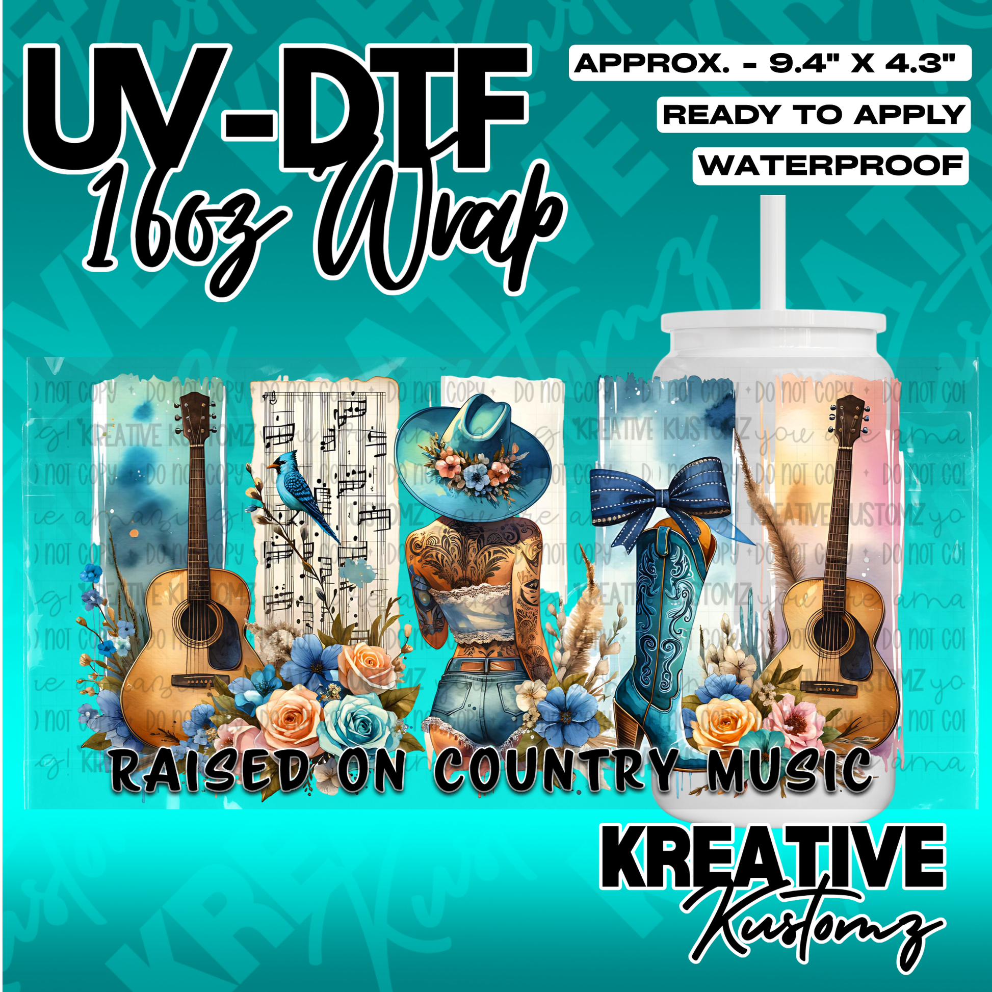 A country music themed UV DTF wrap for a 16oz glass can featuring guitars, flowers, and a cowgirl.