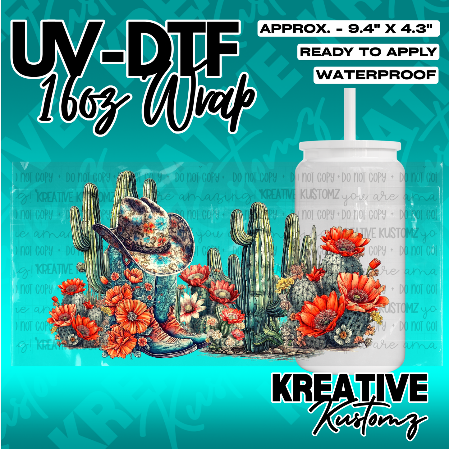 A UV DTF adhesive wrap for 16oz glass cans featuring a western cactus and cowboy boot design.