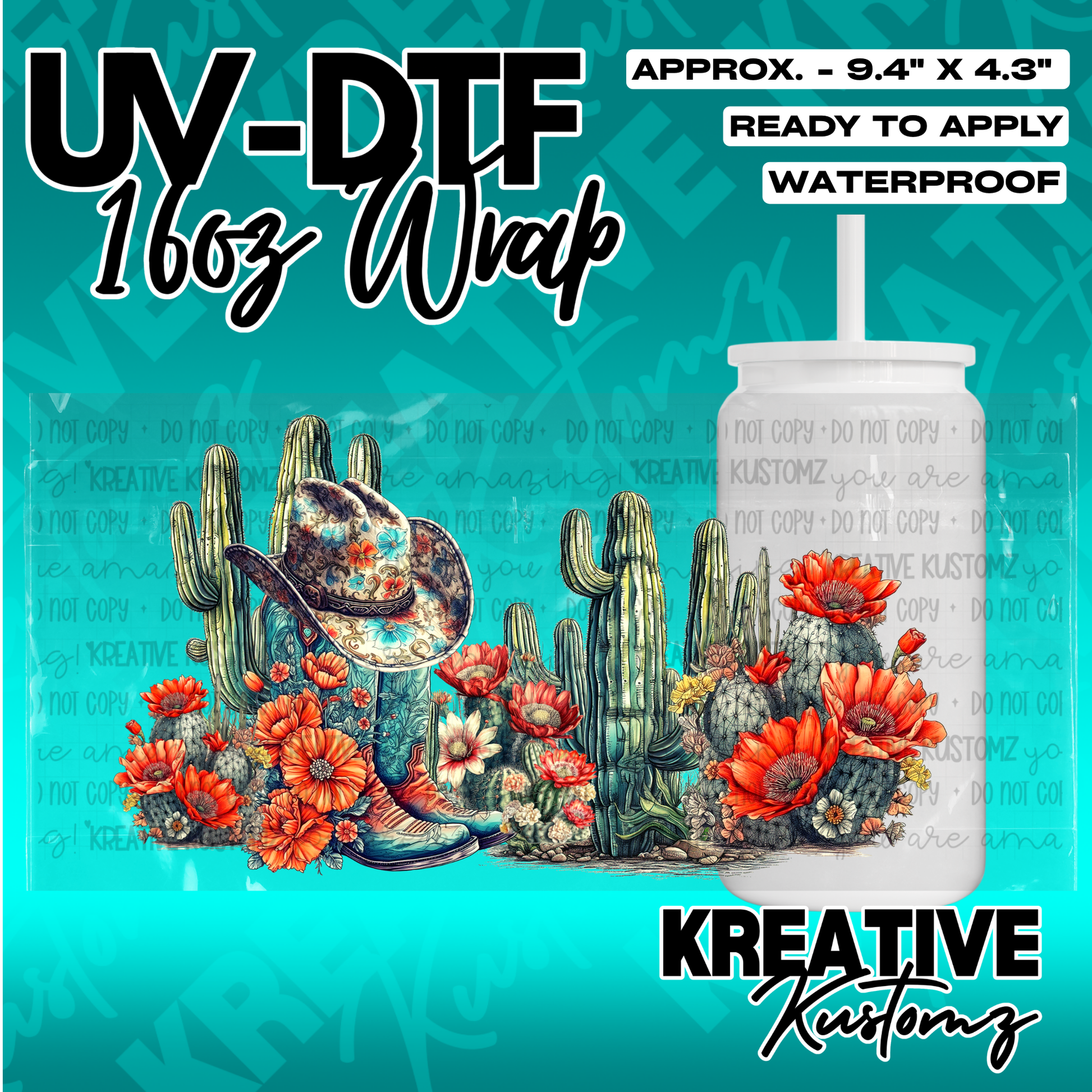 A UV DTF adhesive wrap for 16oz glass cans featuring a western cactus and cowboy boot design.