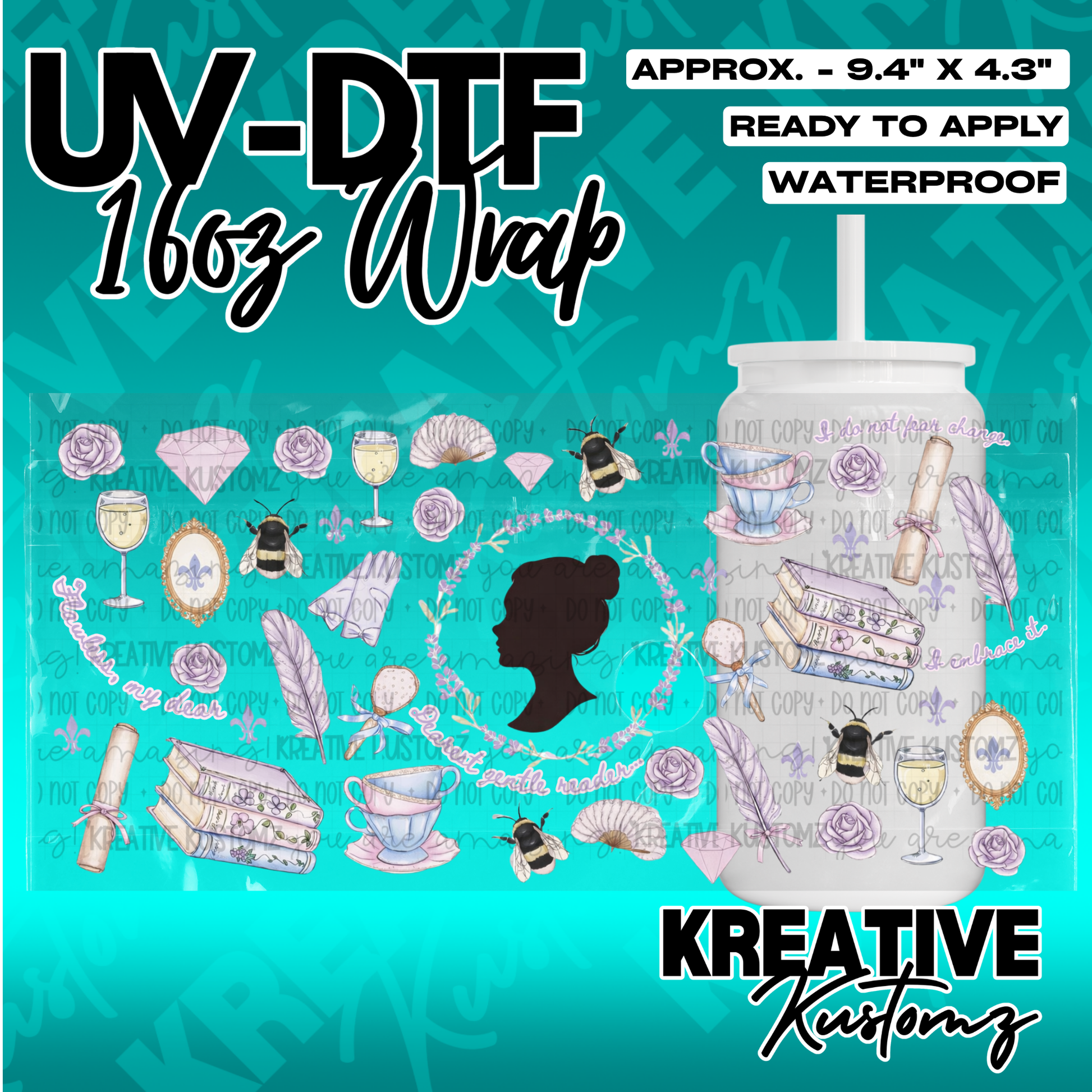A Bridgerton-themed UV DTF adhesive wrap for a 16oz glass cup featuring floral and vintage motifs.