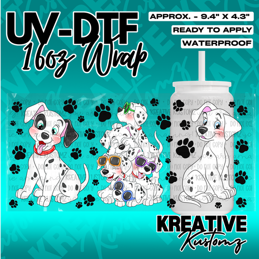 A UV DTF adhesive wrap for a 16oz glass cup featuring a pattern of cute dalmatian puppies.