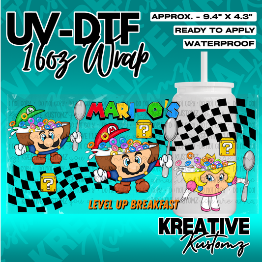A Mario-themed UV DTF adhesive wrap for a 16oz glass cup featuring characters eating cereal.