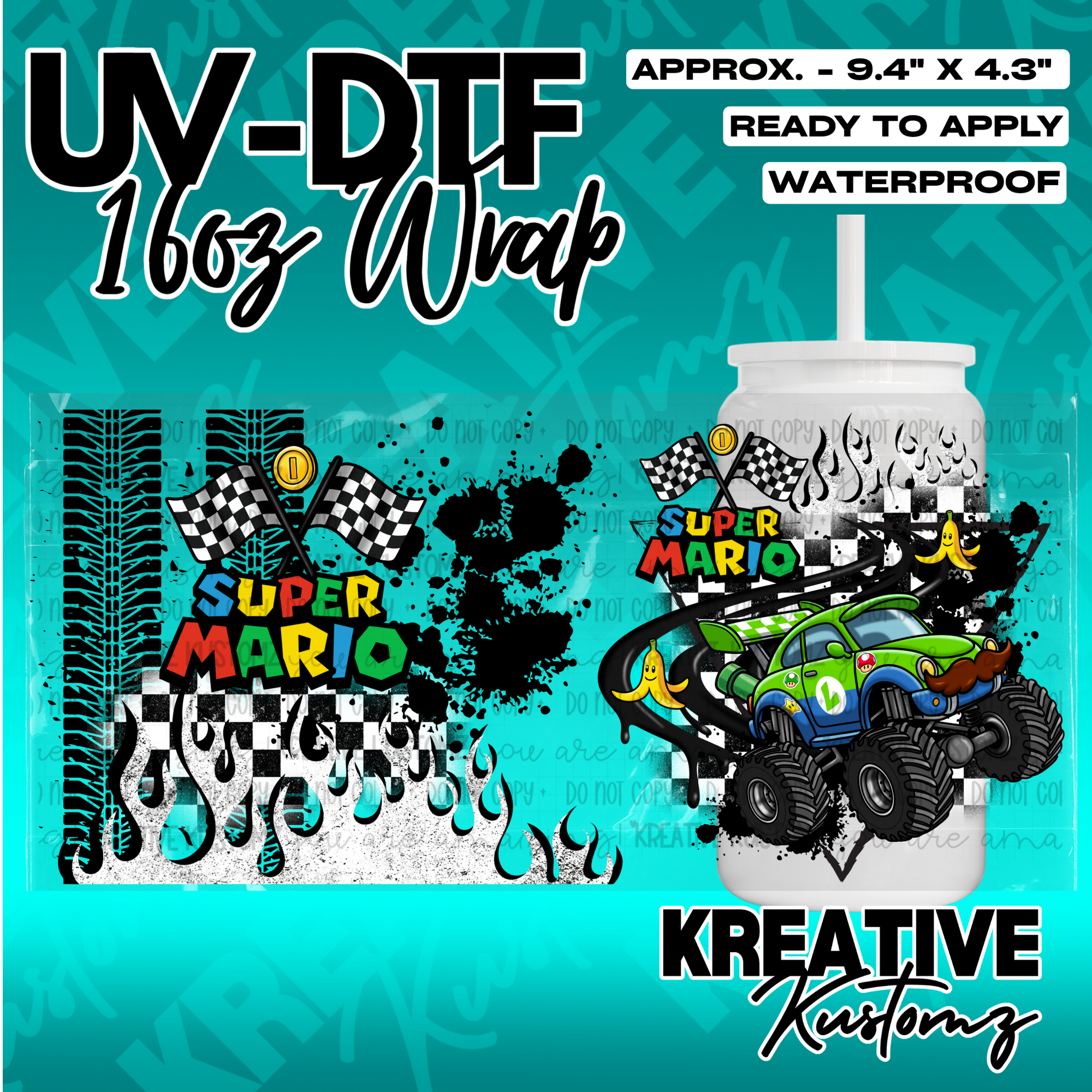A Super Mario themed UV DTF adhesive wrap for a 16oz glass can featuring a monster truck design.