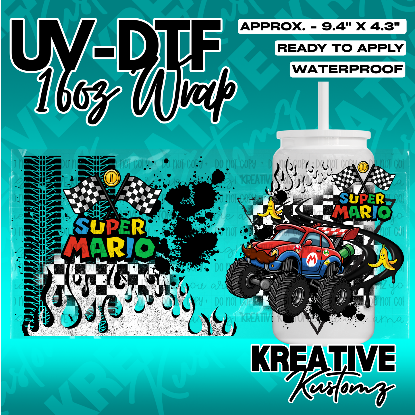 A Super Mario themed UV DTF adhesive wrap for a 16oz glass can featuring racing graphics.