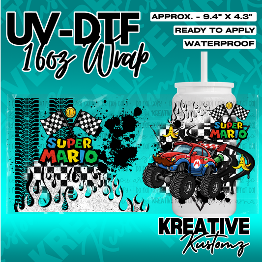 A Super Mario themed UV DTF adhesive wrap for a 16oz glass can featuring racing graphics.