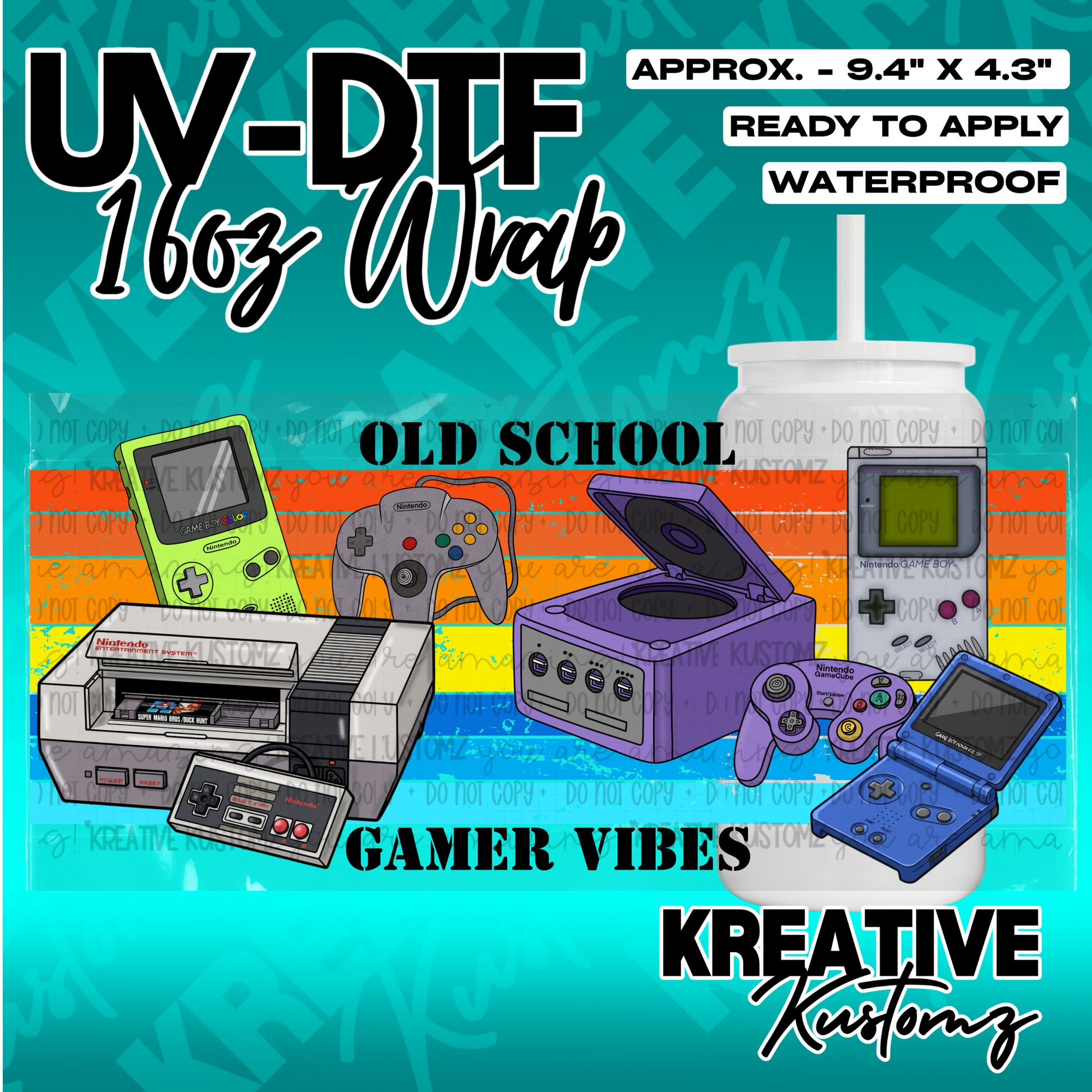 A UV DTF cup wrap featuring retro Nintendo consoles and controllers on a striped background.