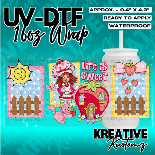 A strawberry-themed UV DTF adhesive wrap for 16oz glass cans featuring a character and house design.
