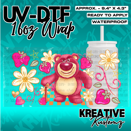 A UV DTF adhesive wrap for 16oz glass cans featuring a pink bear, flowers, and strawberries.