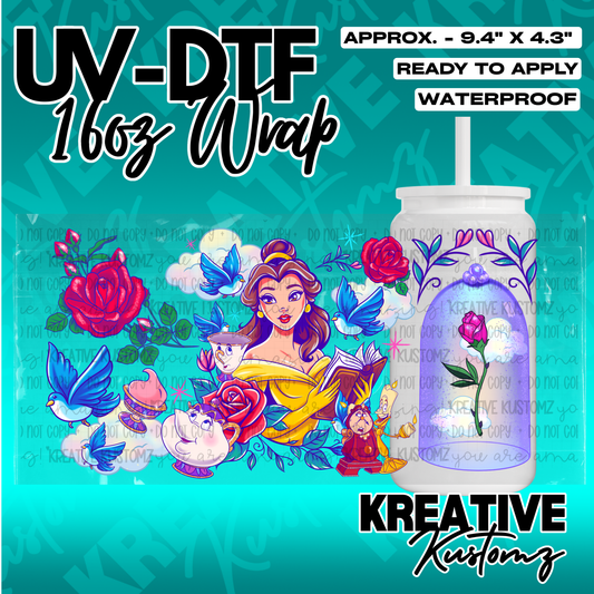 A Beauty and the Beast themed UV DTF adhesive wrap for a 16oz glass can.