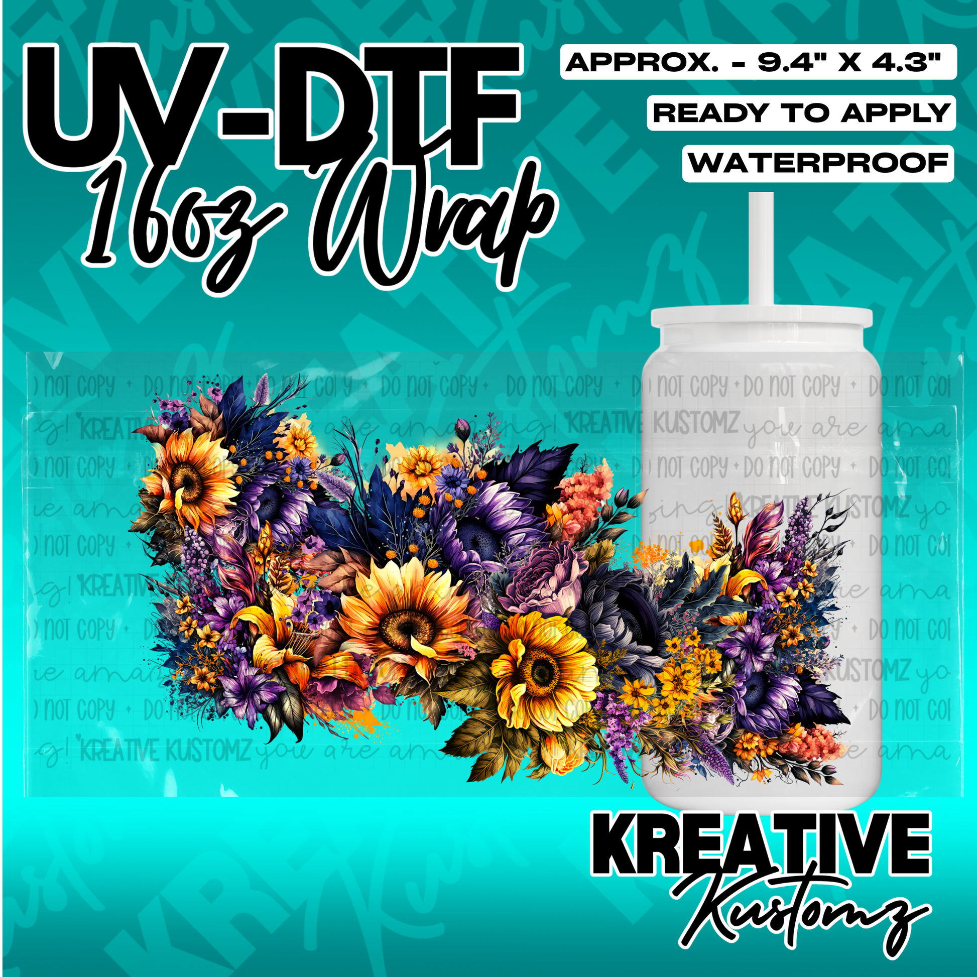 A floral UV DTF adhesive wrap for a 16oz glass cup featuring sunflowers and purple flowers.